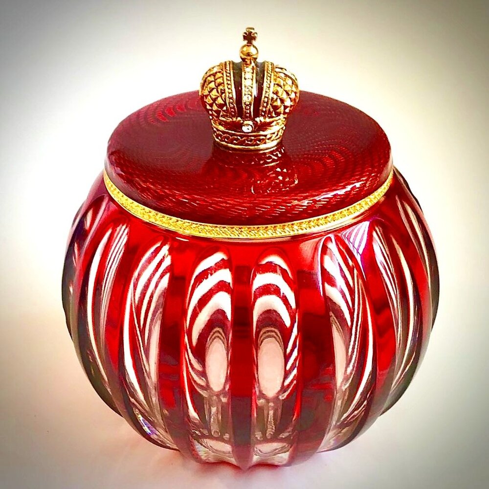 Fabergé Signed Imperial Ruby Red Crystal Rose Bowl Trinket Box w Jewel Crown Lid